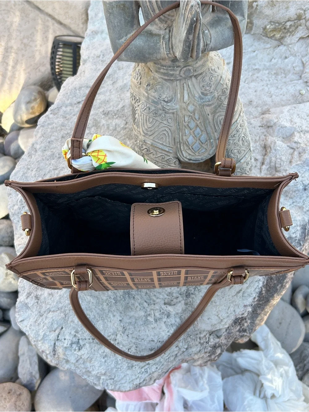 Steve Madden Brown Monogram Tote with Matching Pouch and Pineapple Scarf